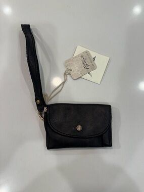 NWT Free People Black Leather Bag Lanyard Coin ID Wristlet Wallet Boho Travel